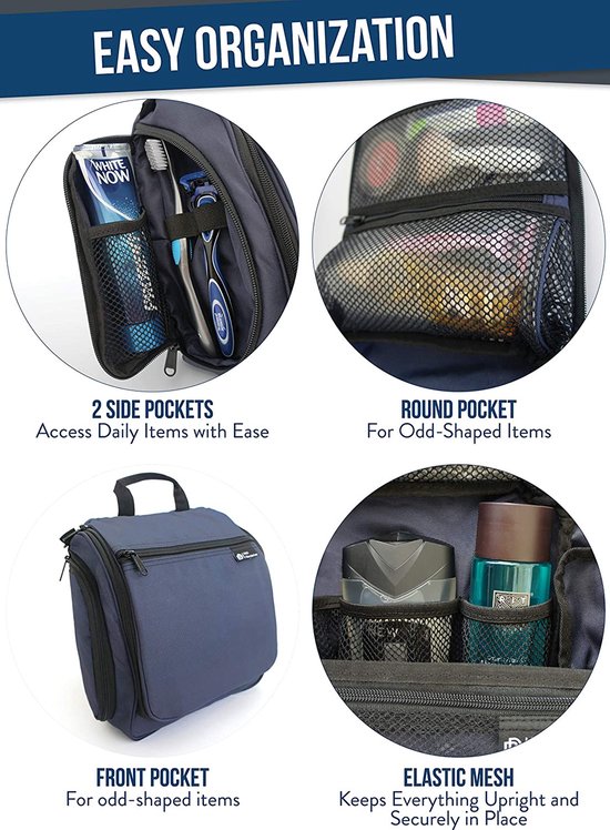Plugstore - Hanging Toiletry Bag voor mannen en vrouwen, perfecte reiskit voor make-up, toiletries en cosmetica, gratis e-book, blauw (blauw) - HTB-M-B