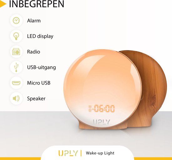 UPLY Wake Up Light - Smart Clock Met USB Oplaadpunt - Lichtwekker - Wekker Radio met 4 Alarmen - Google Home | Amazon Alexa