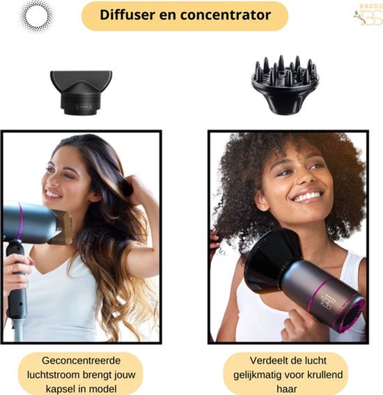 BAESS Föhn met diffuser - Reisföhn Inklapbaar - Ionische Haardroger - 2000W - Coolshot - Krullen - Haarföhn - Hair Dryer - Grijs
