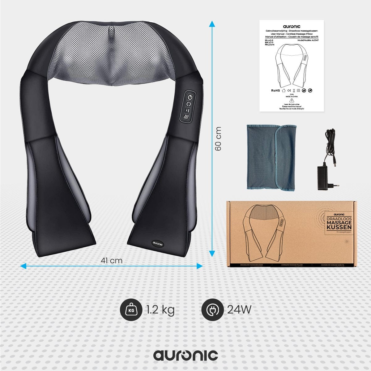Auronic Draadloos Shiatsu Massagekussen - Elektrisch Nekmassage Apparaat - Nek en Schouder - Infrarood - Zwart