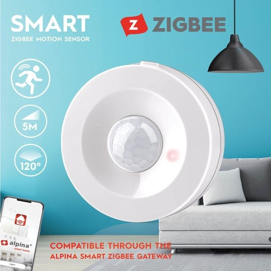 alpina Smart Home - Bewegingssensor - 3V - Bewegingsmelder voor Binnen - 5M Detectie - Zigbee Gateway - alpina Smart Home App