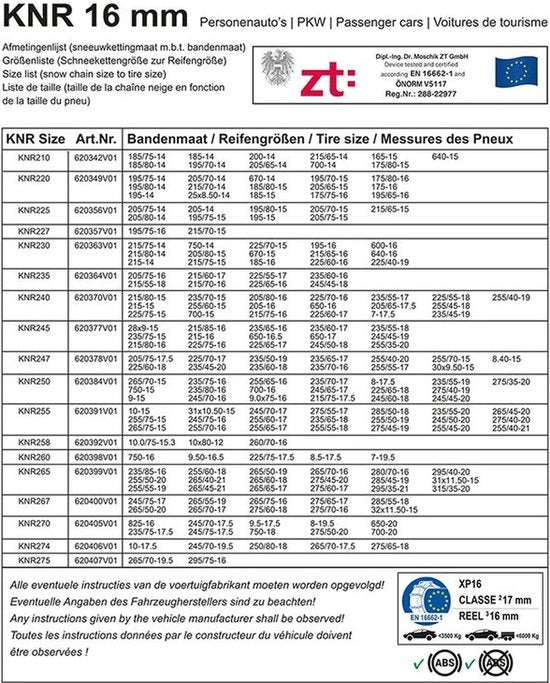 ProPlus Sneeuwkettingen - KNR255 - 16 mm stalen schakels - Önorm Keurmerk - Veiligheid - Banden - Snelle en Eenvoudige Installatie - Voor verschillende bandenmaten - Inclusief reparatieschakels en koffer - Set van 2 - 4x4 voertuig - Minivan SUV/MPV