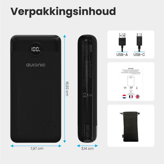 Auronic Powerbank - Geschikt voor iPhone 12/13/14/15 en Samsung S21/S22/S23 - 30.000 mAh - 22.5W - 4 Oplaadpoorten - Snelladen via USB-A en USB-C - Zwart