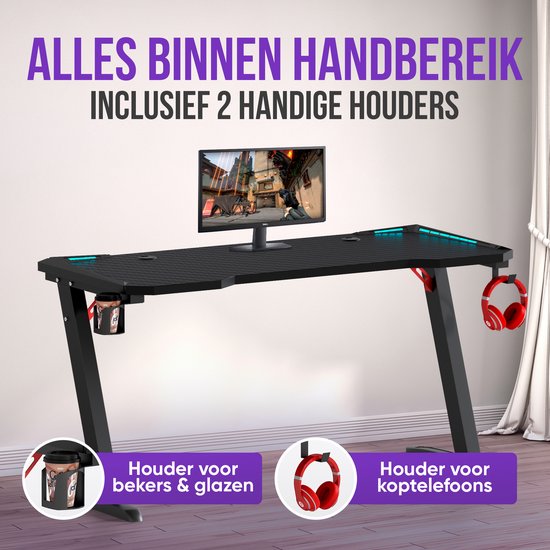 Avalo Gaming Bureau - 140x60x73 CM - Game Desk Met LED Verlichting - Gaming Desk - Tafel - Zwart