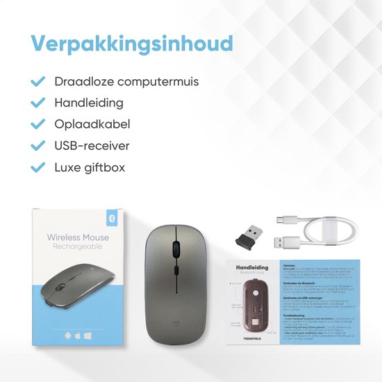 Trendfield Draadloze Muis - Oplaadbare Computermuis - Bluetooth - Ergonomische Muis met Stille Klik - Geschikt voor alle Laptops - Space Grey