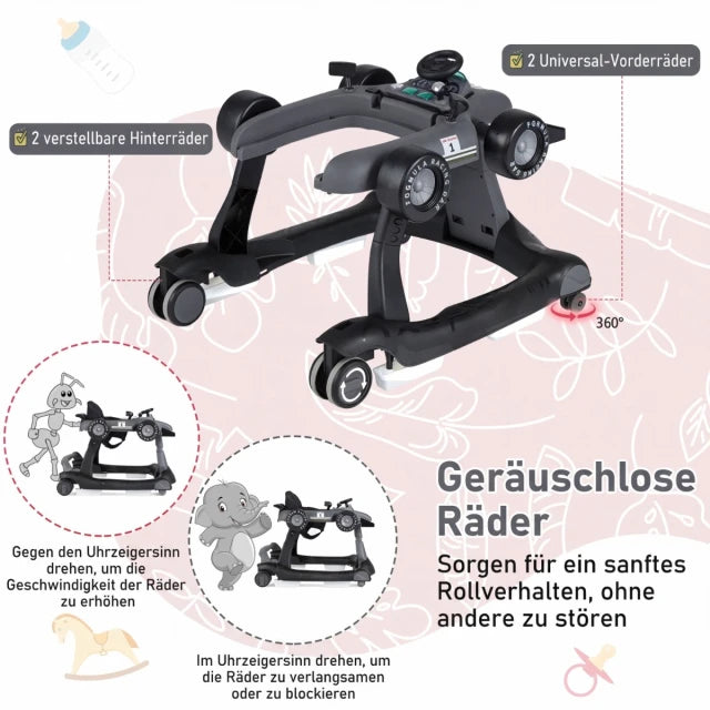 Coast Baby Walker 4-in-1 – Opvouwbare Loopstoel met Muziek en Verlichting – Donkergrijs
