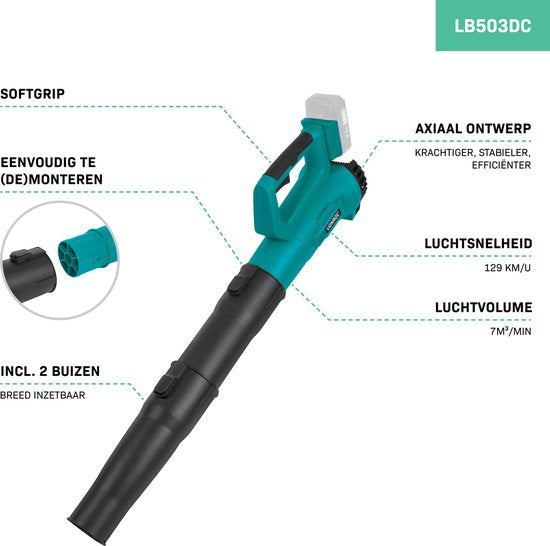 VONROC Accu Bladblazer 20V - Axiaal model - Luchtsnelheid 129 km/u – Luchtvolume 7m3/min - Zonder accu en lader