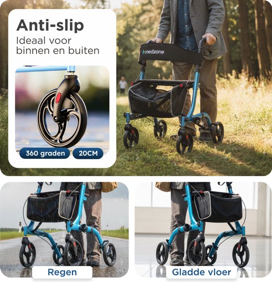 Medzone Rollator Lichtgewicht en Opvouwbaar - Zitfunctie - Binnen en Buiten - Rugleuning en Wandelstok Houder - Blauw