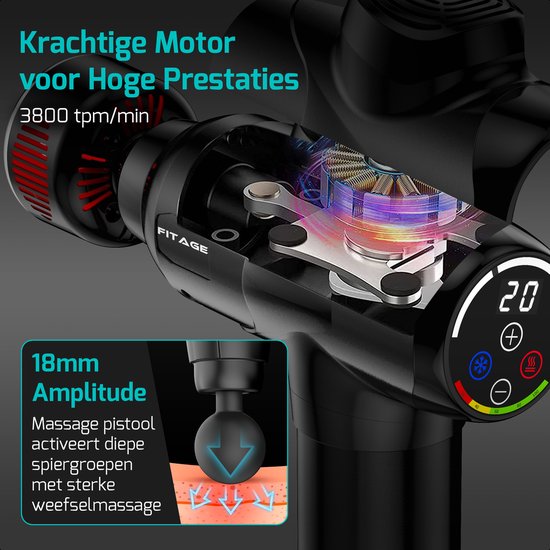 FITAGE - Massage Gun Warm & Koud - 8 Opzetstukken - 20 standen - Zwart