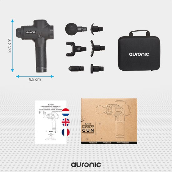 Auronic Massage Gun - Sport en Relax Massage - Massage pistool - 6 Opzetstukken - 30 Standen - Professioneel Massage Apparaat - Zwart