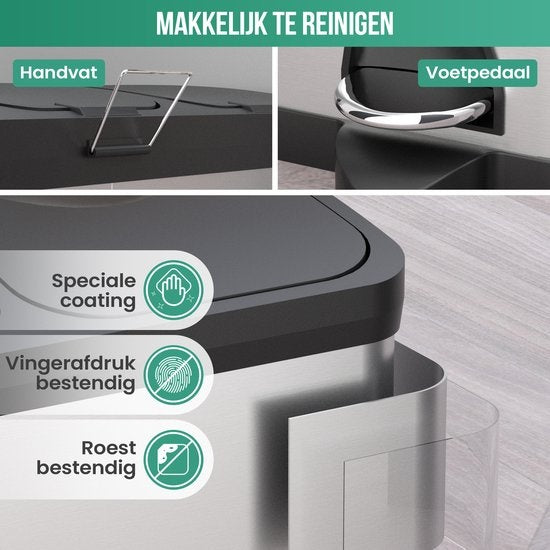 Avalo Prullenbak Afvalscheiding 60 Liter - RVS Zilver - 3 Vakken - Milieubewust, Hygienisch & Vingerafdrukvrij - Pedaalemmer / Vuilnisbak