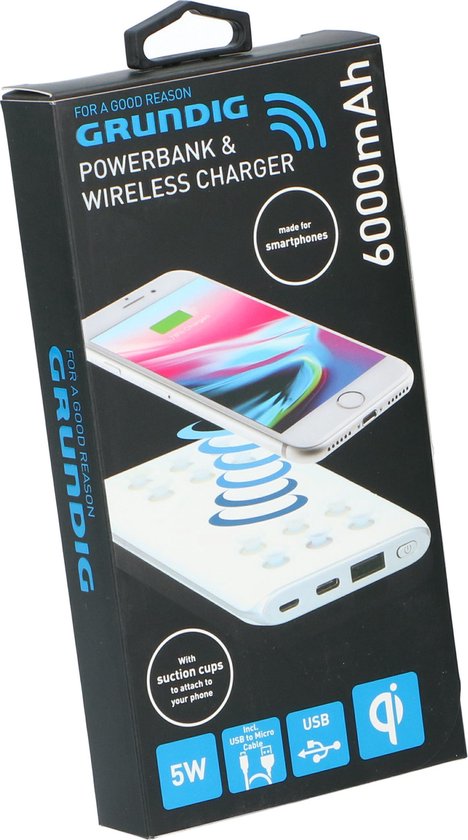 Grundig Draadloze Powerbank - 600mAh - met Zuignappen - Incl. Oplaadkabel - 2 USB Poorten - Wit