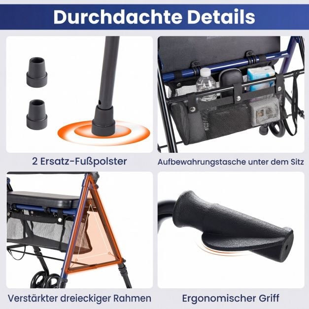 Coast Rollator Blauw/Zwart – Opvouwbare Rollator met Zitje, Tas en Verstelbare Hoogte – 59 x 64 x 75,5-93 cm
