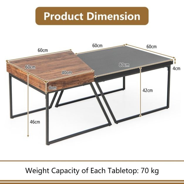 Set van 2 Salontafels Moderne Zwart en Bruin Stapelbare Bijzettafel met Gepoedercoate Metalen Poten Trapeziumvormige Nesttafel