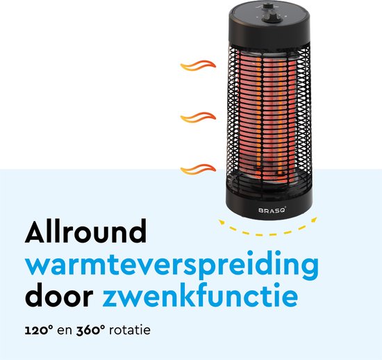 BRASQ Elektrische Terrasverwarmer staand – Tafelmodel - 1200 watt - 2 Warmtestanden – met Zwenkfunctie - Infrarood Heater – Spatwaterdicht - Verwarming Voor Binnen en Buiten - Zwart