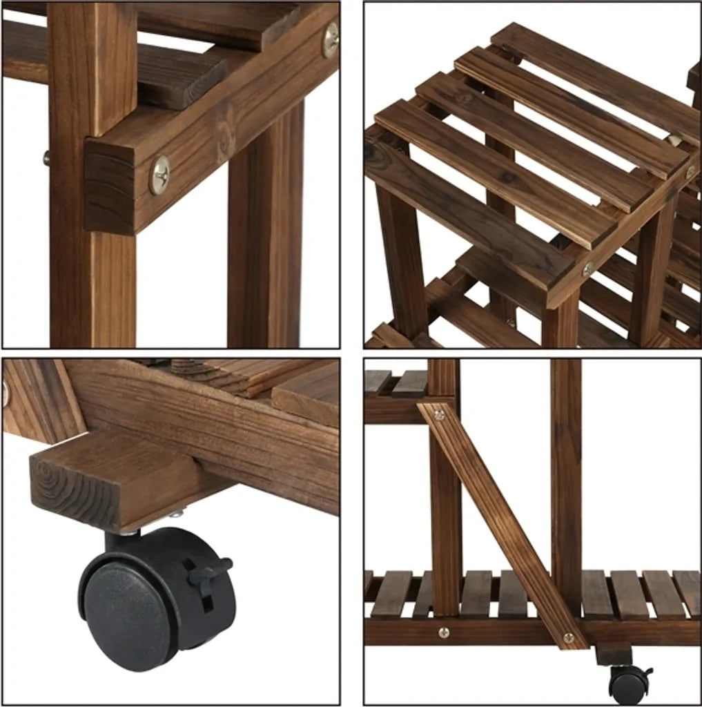 Yaheetech Plantenstandaard Bruin – Houten Bloemenrek met Wielen – 124,5 x 33 x 120 cm