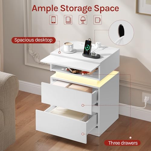 Woltu Nachtkastje met Stopcontact en LED-verlichting - Wit - 40 x 35 x 55 cm - 2 Lades en 1 Opbergvak - Modern en Multifunctioneel