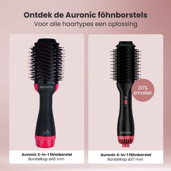 Auronic 4-in-1 Föhnborstel - Airstyler - Kammen - Stijlen - Krullen - Föhnen - 37 mm Krulborstel - 360 Graden Airflow - Zwart/Roze