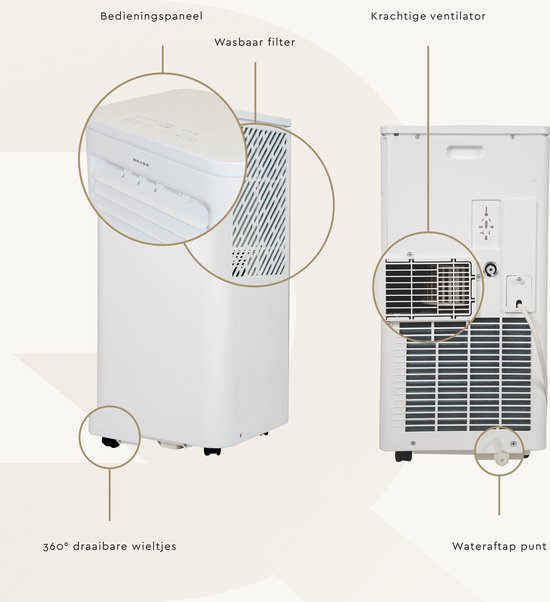 BRASQ 3-in-1 Mobiele airco met Raamafdichtingskit - Met afstandsbediening – Geschikt voor Slaapkamer - Woonkamer - Kantoor - Aircooler tot 16m2 - 9000 BTU – Wit
