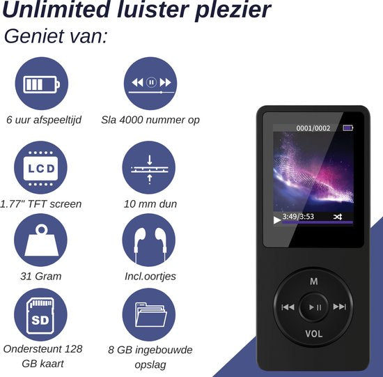 VAIVE HiFi MP3 / MP4 Speler Bluetooth - Voicerecorder - Dicatafoon - FM-radio