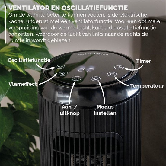 BREND BR-2222 Elektrische Kachel met Sfeerhaard en Thermostaat 18-45 °C – Keramische Ventilatorkachel – Verwarming met Swingfunctie – Timer – Zwart