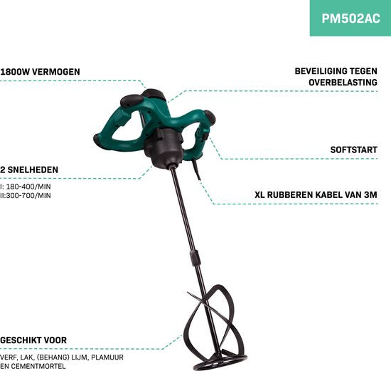 VONROC Verf / cementmenger – 1800W – 2 versnellingen – 3m rubberen kabel – Incl. roerstaaf 140x600MM