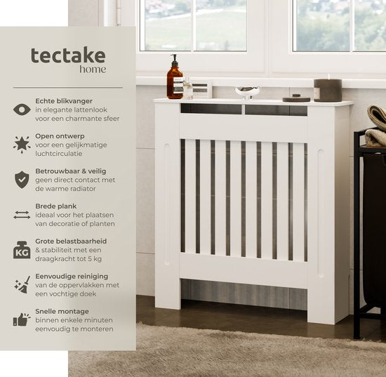 tectake® Radiatorombouw - Radiatorafdekking - Radiatorpaneel - Radiatoromkasting - Verwarmingsombouw - Lamellenontwerp, met plank - Div. afmetingen - 78x19x82cm - wit
