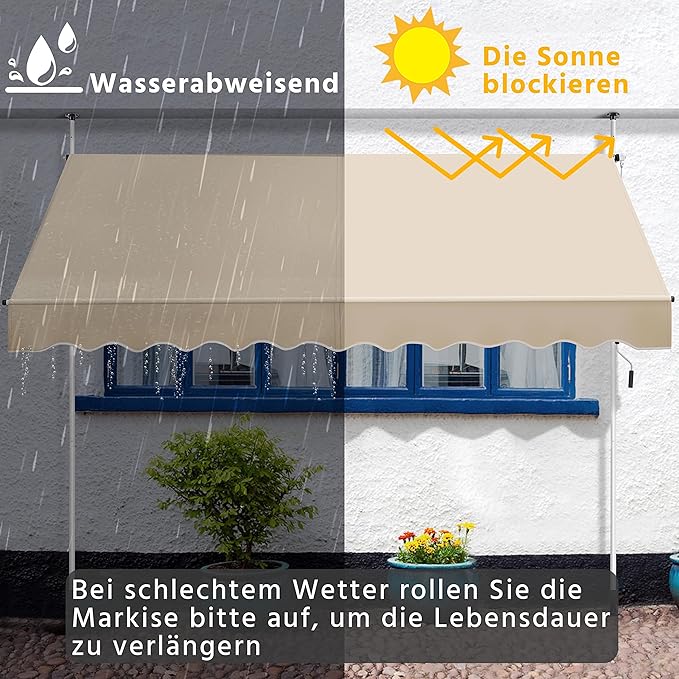 Yaheetech Klemzonnescherm Beige – Zonder Boren – Verstelbare Hoogte 210-300 cm – 300 x 120 cm