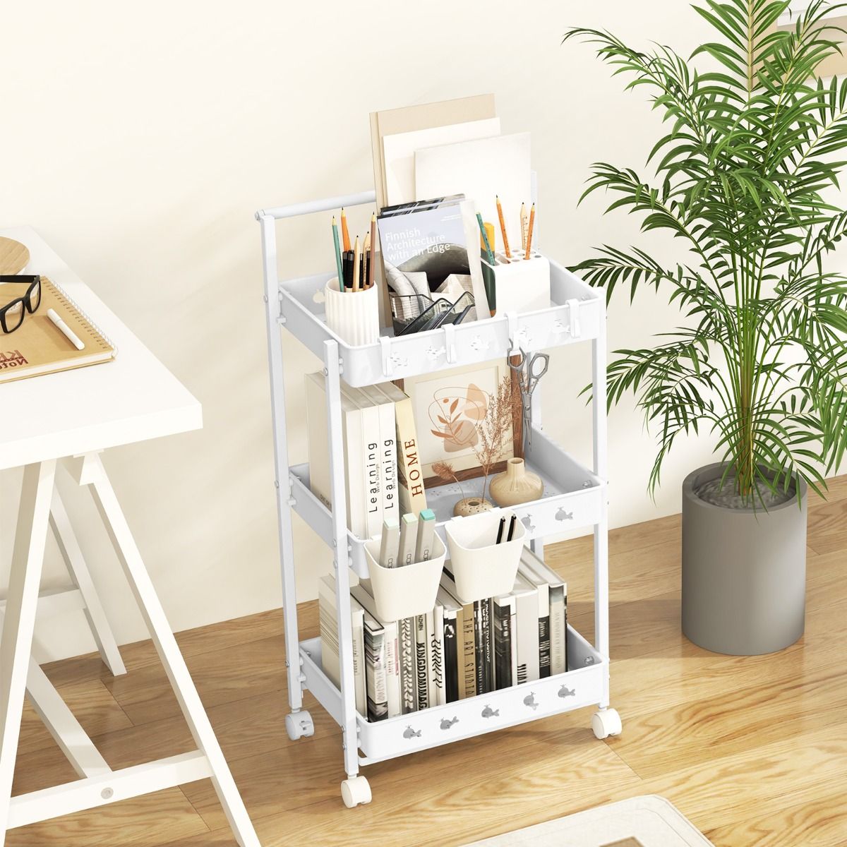 Coast Opbergwagen - 3 niveaus - met haken en bekers - wit 42 x 29 x 83 cm