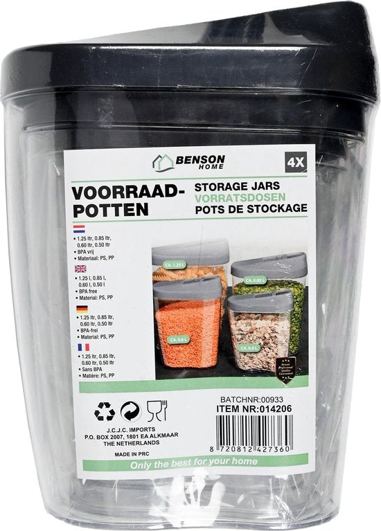 Benson 4-delige voorraadpotten - BPA-vrij - luchtdicht - verschillende maten - doorzichtig ontwerp