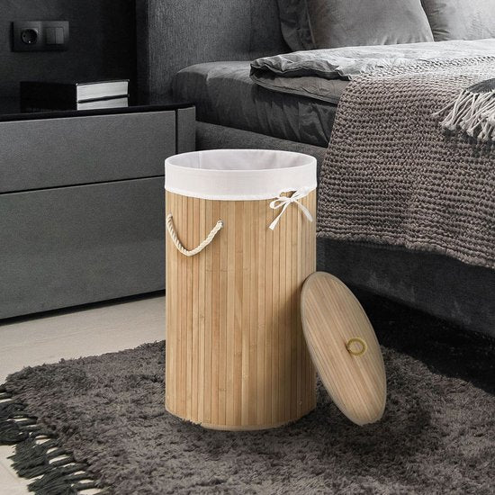 Bamboe Wasmand Curly - 55 Liter - Natuurkleur - Incl. Waszak & Deksel