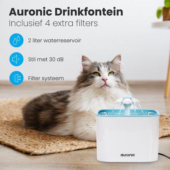 Auronic Drinkfontein - Waterfontein voor Hond en Kat - 2L - Dieren Drinkbak - Incl. 4 Filters - Wit