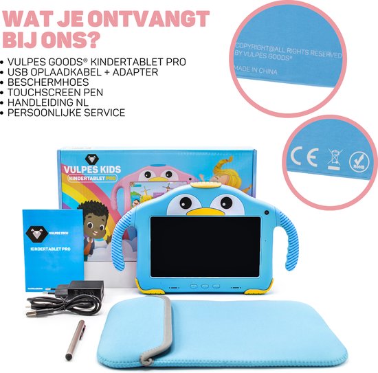 Vulpes Goods® Kids - Kindertablet - Tablet Kinderen - Ouder Control App - 100% Kids Proof - 3500 mAh - Android 10 Go - Incl. Ingebouwde Beschermhoes, Screenprotector & Oogbescherming - 32 GB - Met Touchscreen Pen- PRO versie - Blauw