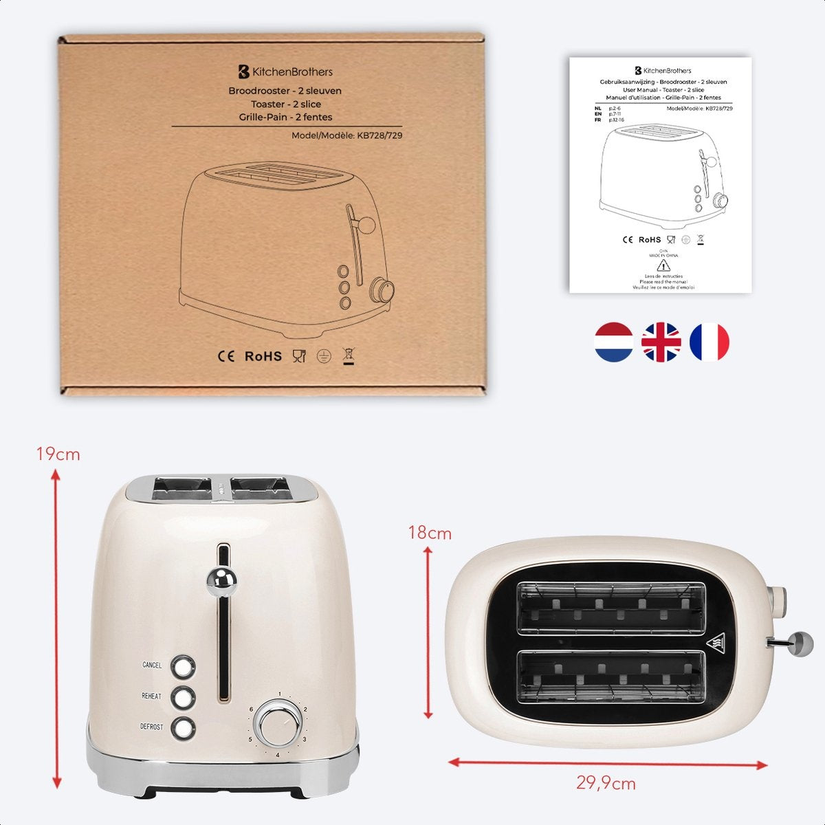 KitchenBrothers Retro Broodrooster - Toaster - 6 Warmteniveaus - 2 Extra Brede Sleuven - 815W - Beige