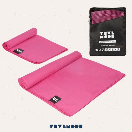 TRVLMORE Microvezel Reishanddoek Set - 2 Stuks - Small (40 x 80 cm) & Large (76 x 150 cm) - Microvezel - Roze