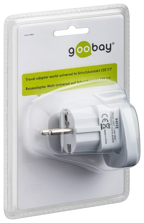 goobay World to EU Reisadapter Wit - Type F naar UK/CH/IT/US/JP - 16A - 65 x 51 x 51 mm