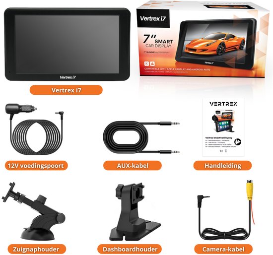 Vertrex Slimme Auto Display - Scherm Compatibel met Carplay en Android Auto - Car Play - Draadloos - 7-Inch - Touchscreen - Zwart