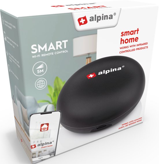 Alpina Zwarte Smart Home Universele Afstandsbediening - Verbinding via telefoon en Wifi mogelijk - 7.70x7.70cm