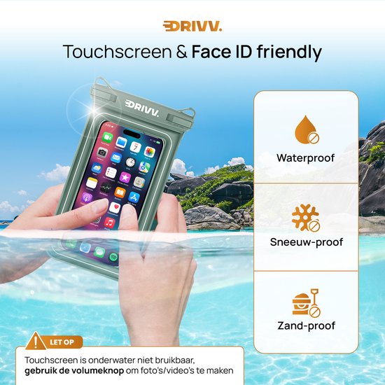 Drivv. Luxe Waterdicht Telefoonhoesje – Drijvend - Dubbele Klipsluiting - Telefoons tot 6.8 inch – Onderwater Hoesje Telefoon - Legergroen