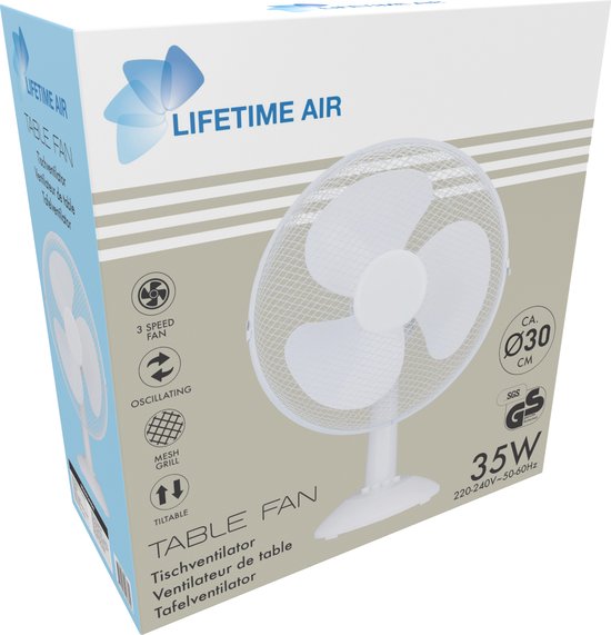 Lifetime Air Tafelventilator 35W - Ventilator voor Tafel en Bureau - met Handvat, 3 Snelheden en Kantelbare Functie - Geruisloos 65dB - Wit