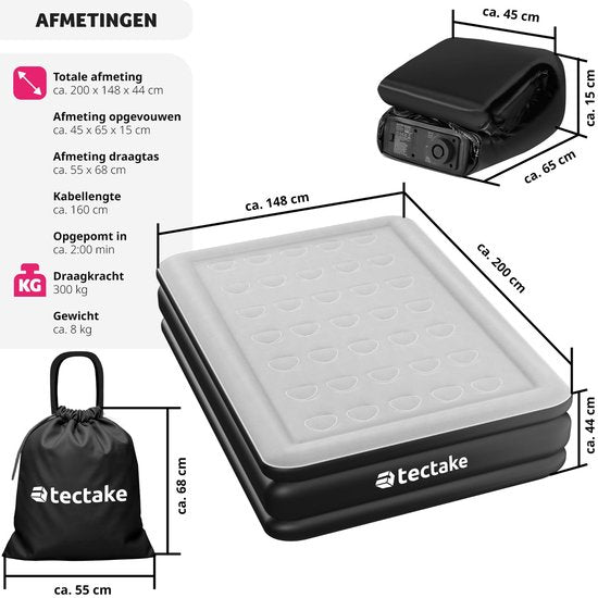 tectake® - Opblaasbaar matras AirDreams met elektrische pomp - Inclusief draagtas met koordsluiting - Waterafstotend - Slaapkamer - Camping - Logeerbed - Afmeting (LxBxH) 200 x 148 x 44 cm