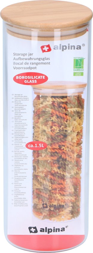 alpina Voorraadpot 1.5L - Glazen Pot met Deksel - Bewaarpot van Borosilicaatglas/Bamboe