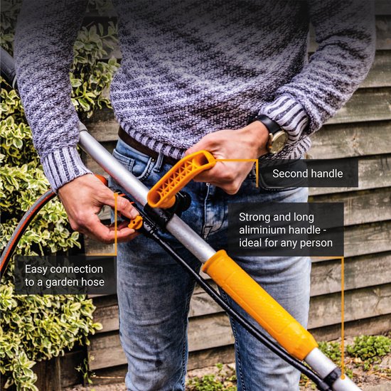 Batavia Accu 18V Twin Brush reinigingsborstel - Incl. 2.0Ah Li-ion Accu / 2.4A Oplader - 100% waterproof incl. tuinslangaansluiting - Flexibele kop -15° en 90° - Gepatenteerde 2-in-1 borstels die in tegengestelde richting draaien - Maxxpack