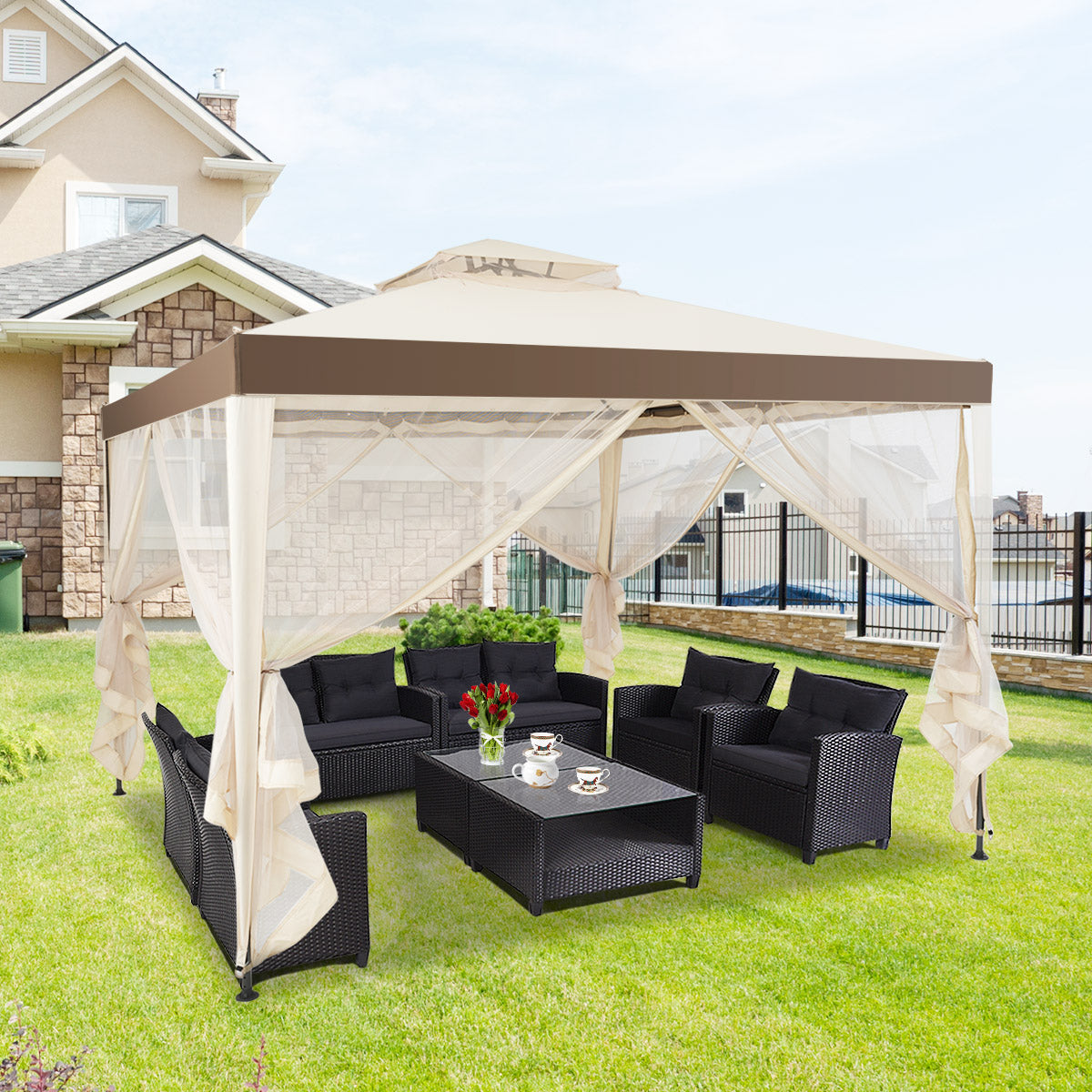 Tuinpaviljoen met 4 zijwanden - Incl. 8 Metalen Haringen en Scheerlijnen -300 x 300 x 265 cm - Beige