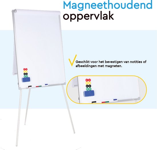 BRASQ Flipover - 70x100cm - Verstelbaar Whiteboard - Inclusief 25 vellen papier, 4 Stiften, 8 Magneten, Wisser - Magnetisch bord met Haken - Magneetbord - Aluminium