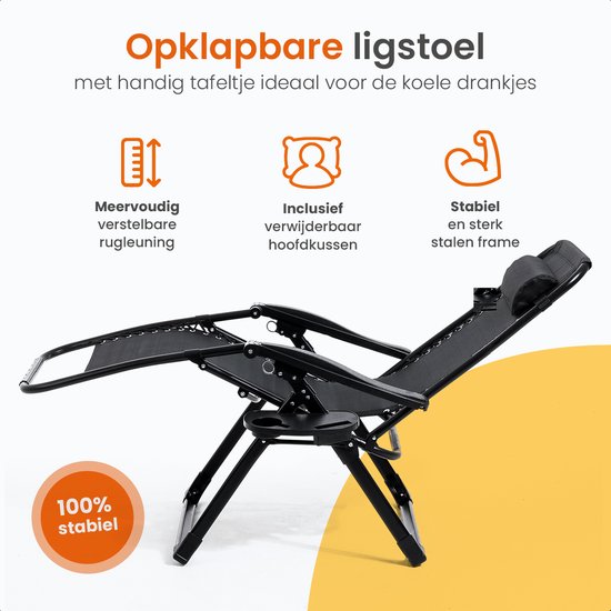 Goliving Opvouwbare Ligstoel - 3 Standen - 110 x 66 x 178 cm - Verstelbare Tuinstoel met Tafel - Inklapbare Campingstoel - Loungestoel Buiten - Vouwstoel Tuin - Zwart