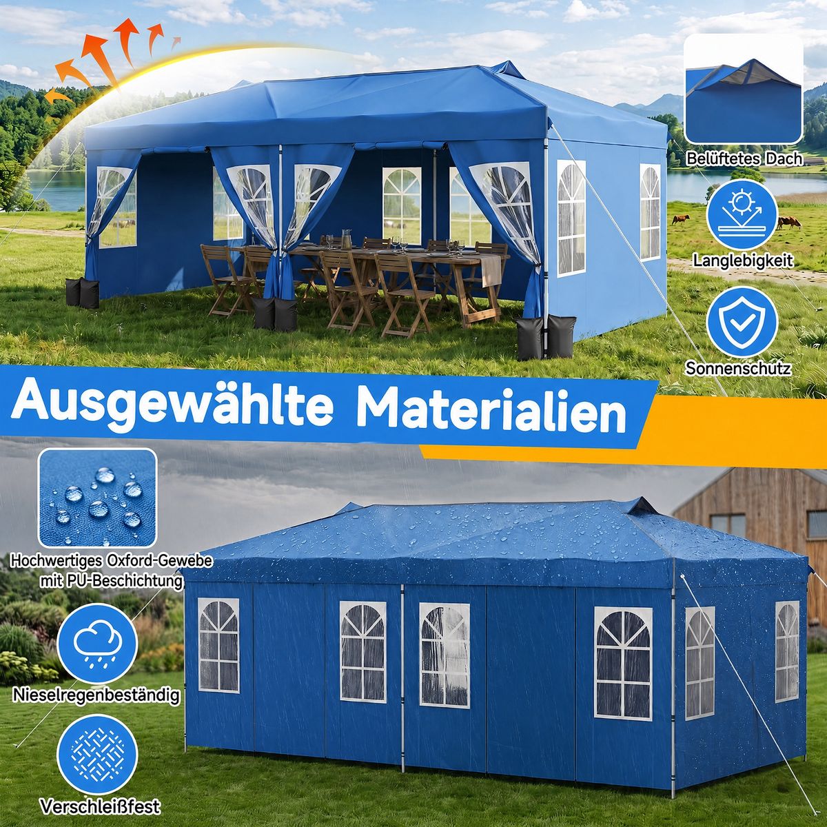 Coast partytent opvouwbaar - 3 x 6 meter - hoogte verstelbaar - 6 zijwanden - blauw