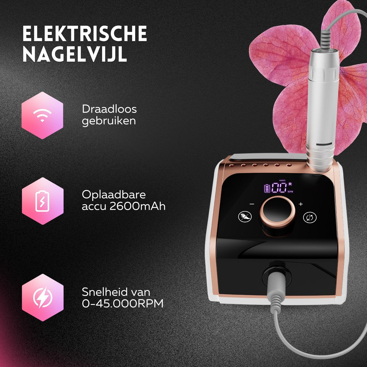 Beeperfect® Elektrische Nagelvijl Ultimate Edition – Draadloze Nagelfrees 45.000 RPM – Manicure & Pedicure Set met 11 Bitjes, 100 Schuurrolletjes & Voetpedaal – Voor Gelnagels, BIAB & Acryl