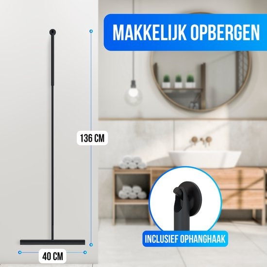 Avalo Vloertrekker met Steel - Luxe Vloerwisser - Aluminium Water Trekker - Douche Wisser - Badkamer - Zwart - 136x40 CM