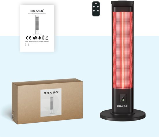 BRASQ Elektrische Terrasverwarmer staand – 2000 watt - 3 warmtestanden – met Afstandsbediening en timer – Infrarood heater – spatwaterdicht – verwarming voor binnen en buiten – Zwart